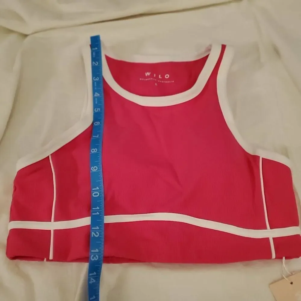 NWT. Wilo the Label. Hot Pink with white trim Sports Bra. Size Large.